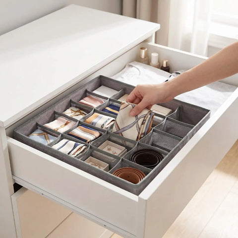 Foldable Oxford Fabric Closet Organizers For Socks And Underwear With Multi Compartments Super Game Changer Wardrobe Storage Solution To Keep Your Drawers Neat And Hassle Free For Years To Come, showing organized socks and scarves in drawer.