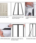 Installation steps for Transparent Magnetic Insulated Curtain for Screen Door, showing door frame preparation and attachment.