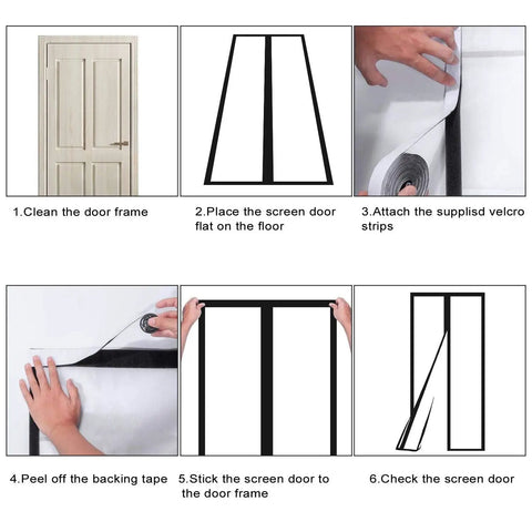 Installation steps for Transparent Magnetic Insulated Curtain for Screen Door, showing door frame preparation and attachment.