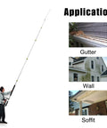 Telescoping Pressure Washer Wand With 24 Ft Reach No Ladder Needed Extension Wand Gutter Cleaner Attachment Five Spray Nozzle Tips Two Hose Inlet Adapters Support Harness Lightweight Aluminum in use on gutter, wall, and soffit applications.
