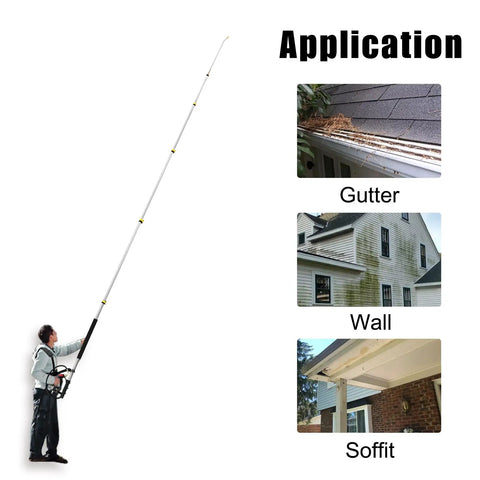 Telescoping Pressure Washer Wand With 24 Ft Reach No Ladder Needed Extension Wand Gutter Cleaner Attachment Five Spray Nozzle Tips Two Hose Inlet Adapters Support Harness Lightweight Aluminum in use on gutter, wall, and soffit applications.