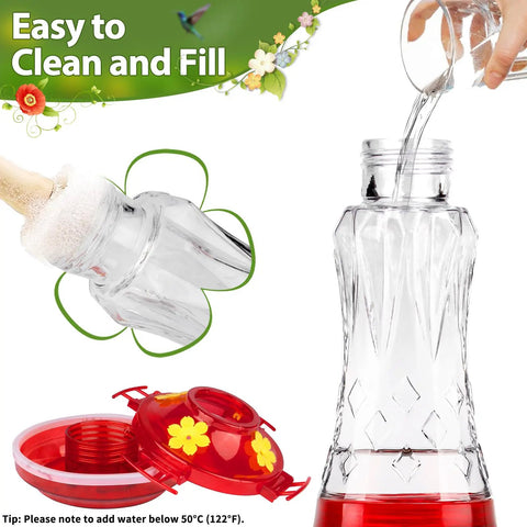 Person pouring liquid into Glass Hummingbird Feeder Outdoor Hanging With Built In Ant Moat And Four Bee Guard Perches Leak Proof 15 Ounce Capacity Stars Decor In Red Theme Ideal Gift For Women Men Moms Dads Who Love Backyard Bird Watching