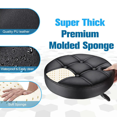 Close-up of the Round Rolling Stool With PU Leather Seat, highlighting waterproof design, premium molded sponge, and soft sponge material.