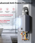 Pro Grade 199k Btu Natural Gas Tankless Water Heater With Smart Wifi And 10.3 Gpm Flow For Indoors, featuring anti-freeze protection and heating sensor.