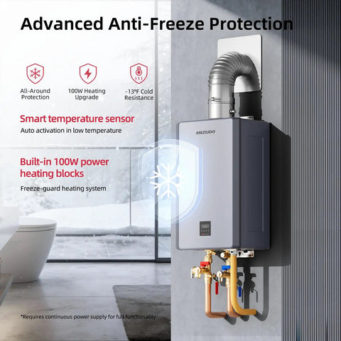 Pro Grade 199k Btu Natural Gas Tankless Water Heater With Smart Wifi And 10.3 Gpm Flow For Indoors, featuring anti-freeze protection and heating sensor.