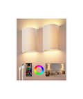 EZVALO Battery Operated Wall Sconce, Pleated Shades Wireless Wall Sconces Set of Two with Remote, 3 Color & 80 RGB Rechargeable Wall Lights, Dimmable, Timer, Wall Lamp for Bedroom (White 2Pack) pictured on a wall with remote, USB-C cable, and color indicator.