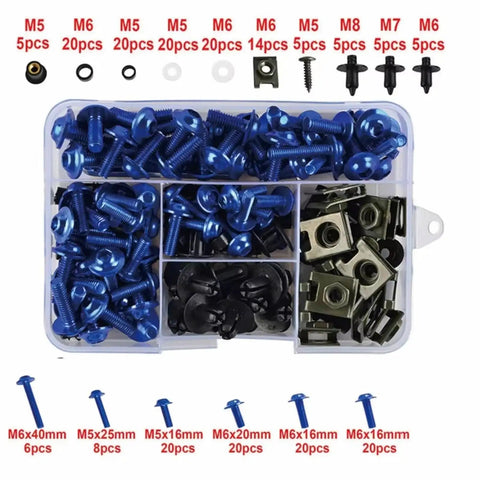 Blue Motorcycle Bolt Kit With Washers And Nuts All In One Hardware Set For ZZR Series And ZX Sport Bikes ZZR400 ZZR600 ZZR1100 ZZR1200 ZZR1400 ZX25R ZX4RR ZX6RR ZX636R Heavy Duty Stainless Fasteners For Easy Upgrades. Assorted blue M5-M8 bolts in organizer