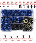 Blue Motorcycle Bolt Kit With Screws Nuts Washers For GSX1300R SV650 SV250 Bandit 600 Body Work Hardware Set Fits Most Sport Bikes And Custom Builds Upgrades, blue M5-M8 bolts in organizer