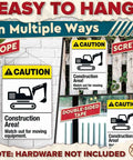 Caution Construction Area Warning Sign 8x12 Inch Aluminum displayed with various hanging methods on a wall for job sites