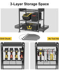 Heavy Duty Garage Tool Cart With Charging Station And Built In Organizer All In One Pro Grade Rolling Tool Storage With Eight Outlet Power Strip Four Wheels Two Hanging Baskets Eight Hooks Drill Bit Holder Black Finish, showing 3-layer storage with tools and accessories.
