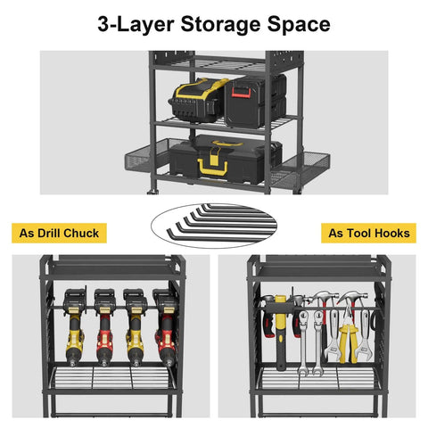 Heavy Duty Garage Tool Cart With Charging Station And Built In Organizer All In One Pro Grade Rolling Tool Storage With Eight Outlet Power Strip Four Wheels Two Hanging Baskets Eight Hooks Drill Bit Holder Black Finish, showing 3-layer storage with tools and accessories.