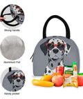 Dalmatian Print Backpack With Insulated Lunch Cooler, featuring strong handle, handy pocket, aluminum foil lining, fresh fruit display