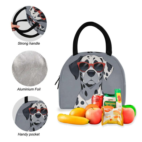Dalmatian Print Backpack With Insulated Lunch Cooler, featuring strong handle, handy pocket, aluminum foil lining, fresh fruit display