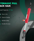 Sturdy 26 Inch Long 10 Ton Hydraulic Pull Back Ram Jack For Porta Power Frame Machine Repair, red finish with rotating hook.