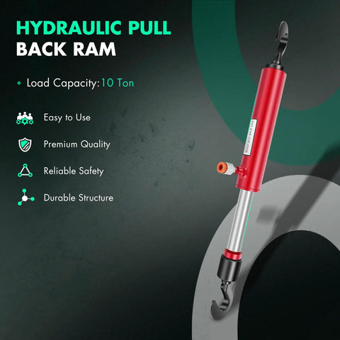 Sturdy 26 Inch Long 10 Ton Hydraulic Pull Back Ram Jack For Porta Power Frame Machine Repair, red finish with rotating hook.