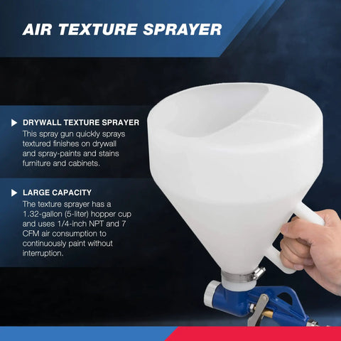 Air Texture Sprayer Gun with 1.32 gallon hopper and 3 nozzles, showing size and handle for drywall texture knockdown.