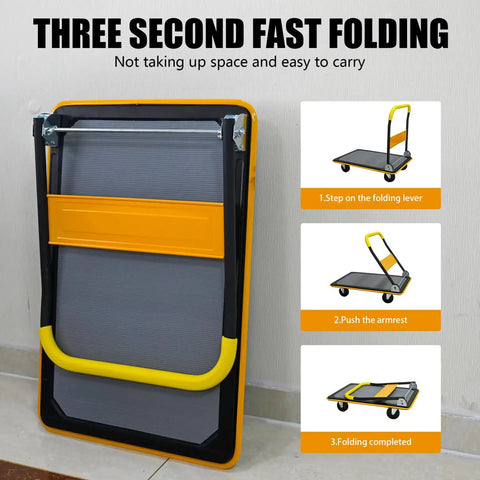 Beefy Heavy Duty Flatbed Cart With 660lbs Load Capacity Foldable Platform Hand Truck 360 Degree Swivel Wheels Quiet TPR Wheels Ergonomic Grip Multipurpose For Easy Hauling And Storage folded compactly