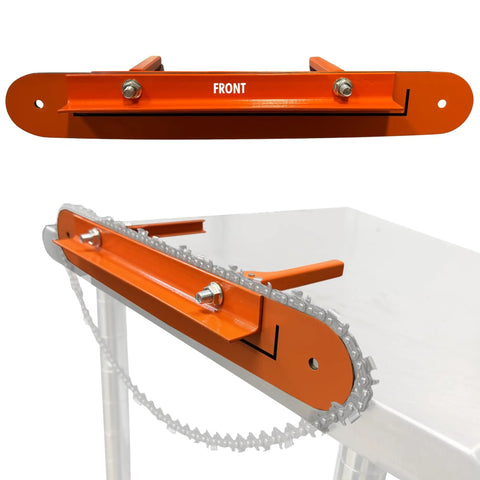 Rock Solid Chainsaw Filing Vise For Fast Safe Sharpening With A Secure Clamp Universal Fit And Durable Steel Construction 17.5 Inch Bar Length Bench Mount Or Portable Saw Tool on workbench