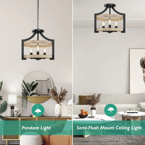 Versatile 3 Light Farmhouse Chandelier With Adjustable Height Pendant Or Semi Flush Mount Rustic Ceiling Light Fixture