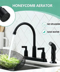 Two Handle Kitchen Sink Faucet With Side Sprayer And High Arc 360 Degree Swivel Dope Matte Black Stainless Steel Finish Fits 3 Or 4 Hole Installations Great For RV Camper Laundry Utility Bar Sinks spraying water into a strainer
