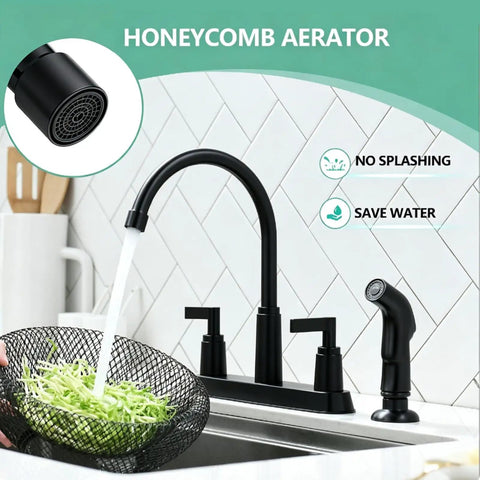 Two Handle Kitchen Sink Faucet With Side Sprayer And High Arc 360 Degree Swivel Dope Matte Black Stainless Steel Finish Fits 3 Or 4 Hole Installations Great For RV Camper Laundry Utility Bar Sinks spraying water into a strainer