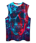 Mens Sick American Flag Skull Tank Top Summer Sleeveless Graphic Tee featuring a vibrant skull print in red and blue colors.