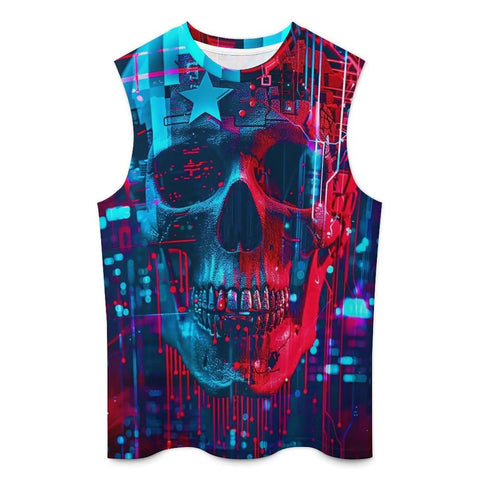 Mens Sick American Flag Skull Tank Top Summer Sleeveless Graphic Tee featuring a vibrant skull print in red and blue colors.