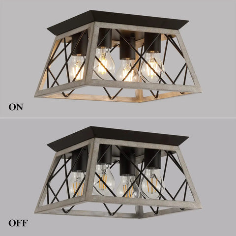 Vintage Farmhouse Flush Mount Ceiling Light Fixture, 4 Light Rustic Industrial Square Cage Lamp in Oak White Finish, on-off view