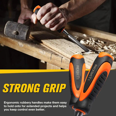 Four Piece Wood Chisel Set For Woodworking With Heat Treated CRV Steel Blades And Sharp Edges in use on wood surface