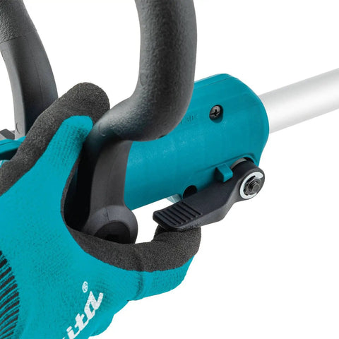 Close-up of 18V Cordless String Trimmer With 180 Degree Rotating Head Converts To Edger, featuring telescoping shaft mechanism.