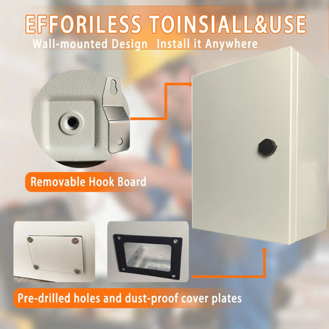 Heavy Duty Workhorse 16X12X8 Electrical Enclosure Box Nema 4 IP66 waterproof design with removable hook board for easy installation.