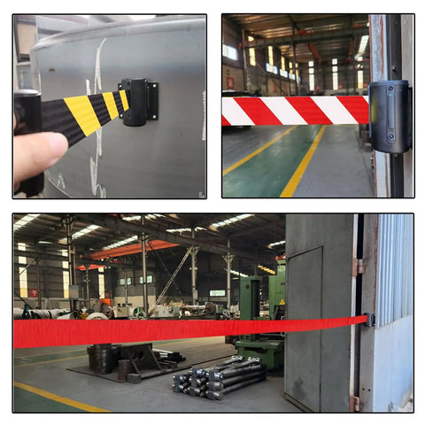 Heavy Duty Retractable Queue Barrier With Smooth As Butter Retractor High Visibility Red White Belt installed in a warehouse.