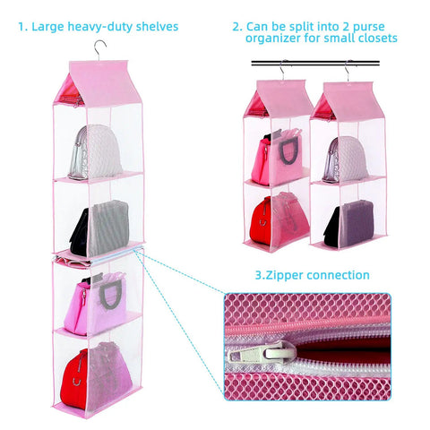 Space Saving Hanging Purse Organizer With Four Compartments For Closet Storage in pink, with zipper and multiple handbags shown.