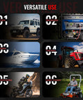 Fuel transfer pump collage showing versatile use for cars, generator, boats, tractors, motorcycles and lawn mower.
