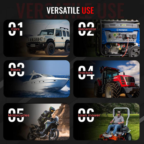 Fuel transfer pump collage showing versatile use for cars, generator, boats, tractors, motorcycles and lawn mower.