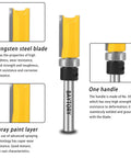Top Shelf Pattern Flush Trim Router Bits Set Featuring Dead Nut Tight Carbide Cutters And Smooth Riding Bearings For Zero Tear Out Custom Woodworking Projects, close-up view of tungsten steel blade with spray paint layer.