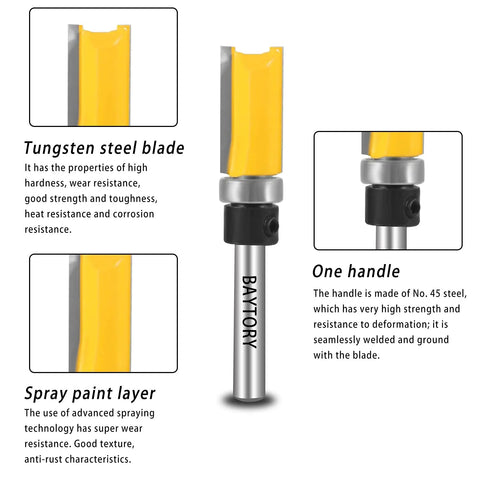 Top Shelf Pattern Flush Trim Router Bits Set Featuring Dead Nut Tight Carbide Cutters And Smooth Riding Bearings For Zero Tear Out Custom Woodworking Projects, close-up view of tungsten steel blade with spray paint layer.