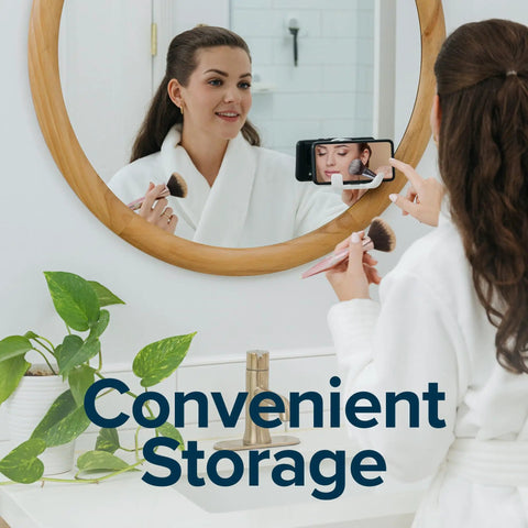 Power Lock Suction Cup Hook For Shower And Mirror holds phone on mirror for hands free convenience while applying makeup.