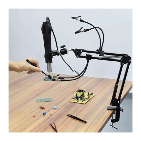 Ultimate Third Hand Soldering Station With Adjustable Gooseneck Arms Smoke Absorber shown in use on a desktop