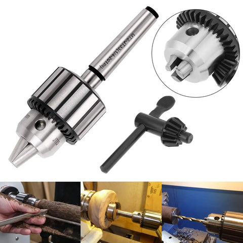Heavy Duty 4 Piece 1/2 Inch Drill Chuck Kit With Genuine JT33 Taper Shank, showing the chuck and tightening key for woodworking.