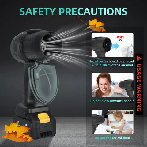 Cordless Handheld Jet Dry Mini Blower Turbo Fan Electric Air Duster with safety precautions and usage warnings displayed