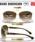 RB3386 Pilot Shape Non Polarized Sunglasses For Men With Brown Gradient Lenses And Official Eyewear Kit, size details shown.