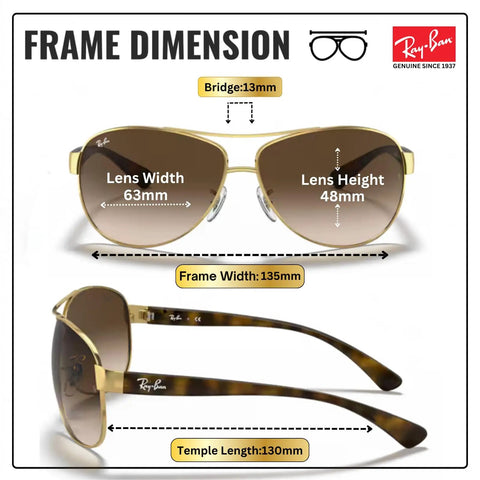 RB3386 Pilot Shape Non Polarized Sunglasses For Men With Brown Gradient Lenses And Official Eyewear Kit, size details shown.
