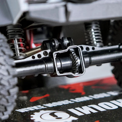 Close-up of Beefy Steel Helical Gear Set For One Eighteen Traxxas TRX4M RC Crawler showing front axle gear detail.