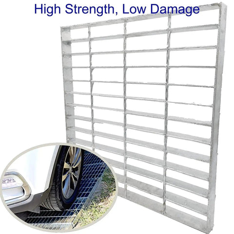 Galvanized Steel Drain Grate 16x16 In For Vodaland Catch Basin Heavy Duty Outdoor Driveway Trench Drainage Grate Square Metal Channel Sewer Cover True 15.4x15.4 Built Tough For Real Weatherproof Outdoor Use, shown as car wheel passes over it.