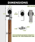 Dimensions of Beefy 60 Inch Brushed Nickel Top Mount Bi Folding Sliding Barn Door Hardware Kit with measurements