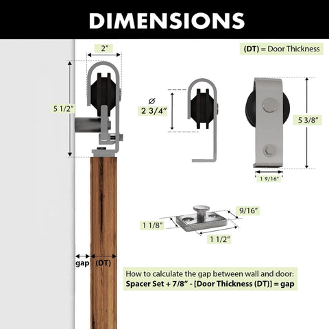 Dimensions of Beefy 60 Inch Brushed Nickel Top Mount Bi Folding Sliding Barn Door Hardware Kit with measurements