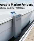 Yacht Dock Edge Cushion With EVA Foam Shock Absorption Anti Collision Marine Protector on white boat hull with blue rope mount.