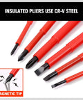 Heavy Duty Six Piece Insulated Screwdriver Set With Sure Grip Magnetic Tips And Certified 1000V Safety Crafted Badass From Chromium Steel With Comfy Rubber Handles, showcasing magnetic tips and insulated red handles.