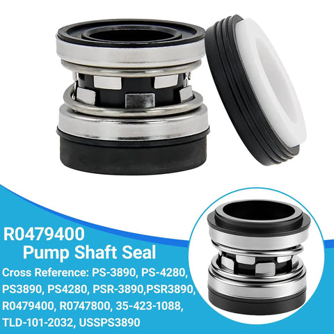 Mechanical Shaft Seal Replacement Kit PS-3890 R0479400 for pool pumps, shown with stainless steel and ceramic components